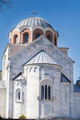 Fototapeta na wymiar 12th-century Serbian Orthodox monastery Studenica (serbian: Manastir Studenica ) in spring, Serbia, Unesco world heritage site.