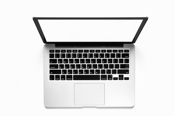 Top view, Blank white screen template for advanced laptop on a white background. Used for graphic products.