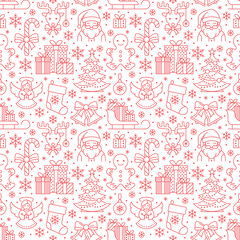 Christmas, new year seamless pattern, line illustration. Vector icons of winter holidays christmas tree, gifts, santa claus, angel, presents, jingle bells. Celebration party red repeated background.