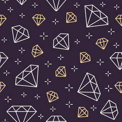 Jewelry seamless pattern, diamonds line illustration. Vector icons of brilliants. Fashion store dark repeated background.
