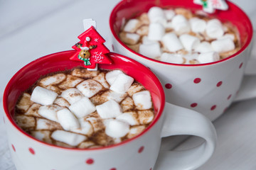 Christmas hot chocolate with marshmellow on light wooden background