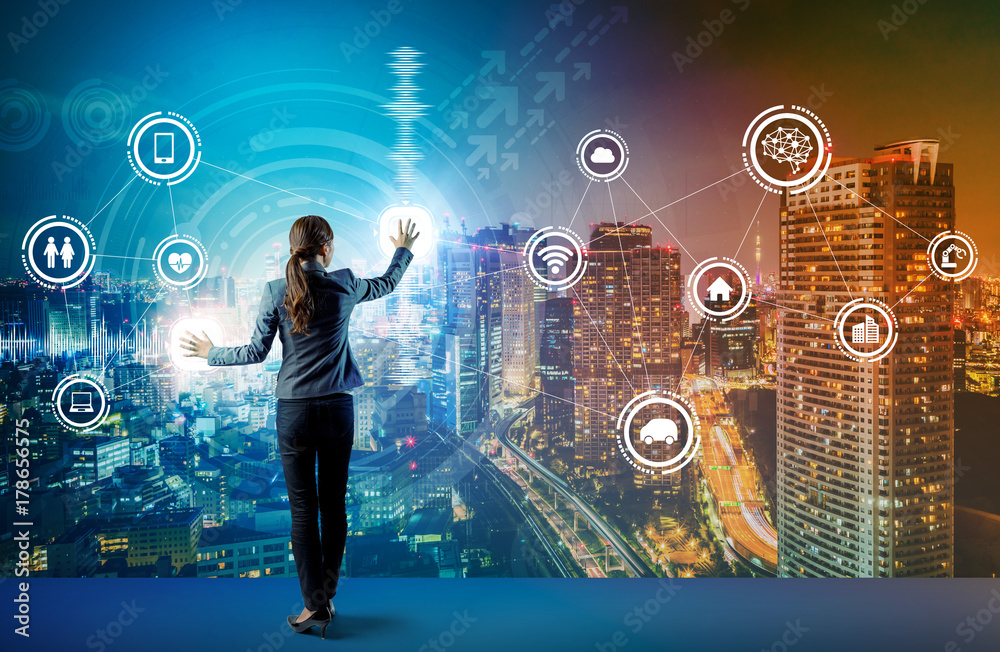Poster young business person and graphical user interface concept. Artificial Intelligence.  Internet of Things. Information Communication Technology. Smart City. digital transformation.