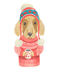 Cute watercolor doggie in warm sweater. - 178656595