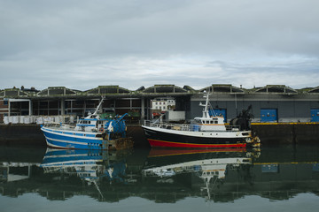Fototapeta premium Fishing boats in a harbor. Trawler after fishing. Fishing industry, fishery. Commercial ship for seafoods in Dieppe, Normandy
