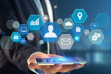 Business network application displayed on a futuristic interface