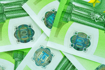 Euro currency banknotes, closeup.