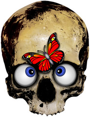 cross-eyed skull with red butterfly