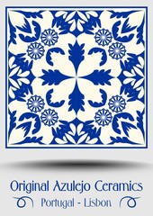 Vintage ceramic tile in azulejo design with blue patterns on white background, traditional Spain and Portugal pottery