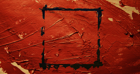 Red background. Frame of a black square. Painting of oil paint.