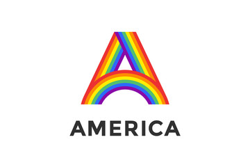 Rainbow letter A and text America for sign, emblem, label, logo, logotype. Concept LGBT sign for poster, banner for homosexual, gay pride. Vector Illustration