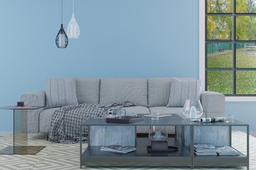 Modern living room with blue walls