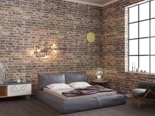 Dark brick wall loft interior bedroom