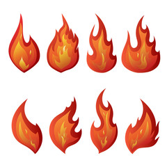 Set of red fire icons. Flames. Vector illustration