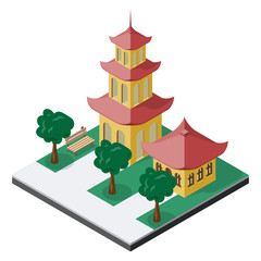 Chinese pagoda buildings with trees and bench in isometric view.