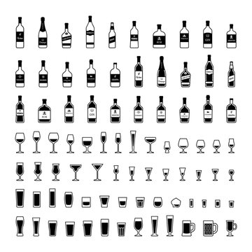 Set of black and white bottles of alcohol in different styles. Vector