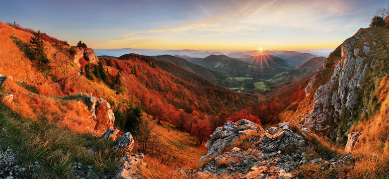 Autumn panorama landscape at sunset in Slovakia, Klak