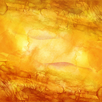 orange, yellow, brown abstract background, with beautiful spots of paint, splash, branches, mountain landscape, sky. A place for your inscription and design. Vintage watercolor art background.