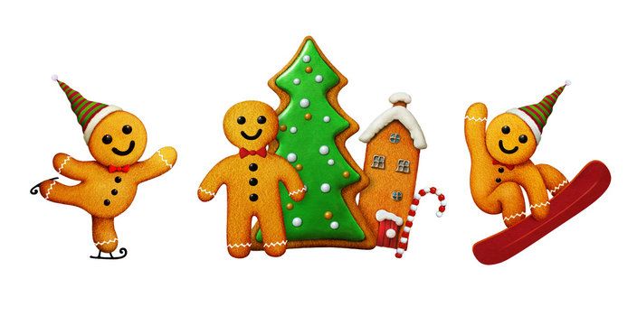 Set of three different Gingerbread man cookies for Christmas greeting cards or illustration. 