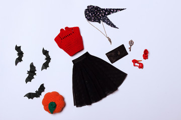 Fashion outfit for Halloween. Crochet red blouse and black tulle netting skirt with bag, jewelry, shoes. Hand-made clothes for 11-inch doll.