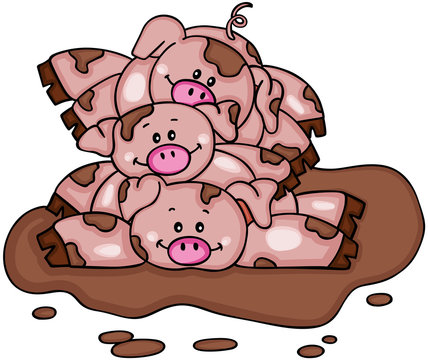 Stack of three piggies in a mud puddle
