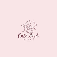 Cute Bird on a Branch Abstract Vector Sign, Symbol or Logo Template. Birdy Silhouette with Modern Typography. Premium Quality Feminine Emblem. Good for Beauty Salon, SPA, Wedding Boutiques.