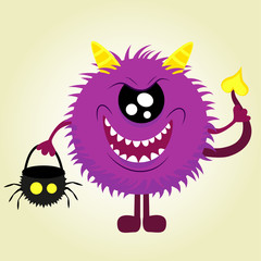 Creative vector background with fluffy monster, with horns and a tail, basket for sweets in the form of a skull halloween. Funny wallpaper for textile.