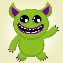 Creative vector background with a merry violet-green monster resembling a troll, a merry and contented face, halloween. Funny wallpaper for textile and fabric.Fashion style.