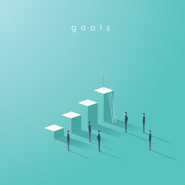 Business goals vector concept with graph or chart and team of businessmen standing around. Business plan, strategy, objectives and project symbol.