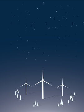 Wind turbines at night vector concept. Wind alternative renewable energy source for better environment and nature protection.