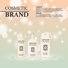 3D realistic cosmetic bottle ads template. Cosmetic brand advertising concept design with glitters and bokeh background