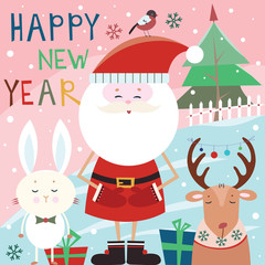 Happy New Year 2018. Greeting card with Santa Claus, rabbit and deer. Vector Illustration.