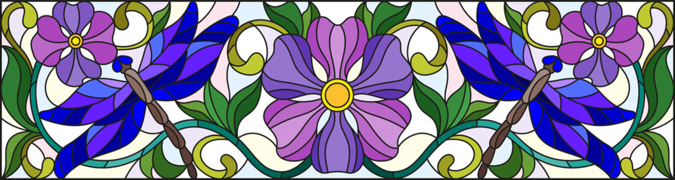 Illustration in stained glass style with bright dragonflyes , floral ornament and purple flowers on a light background