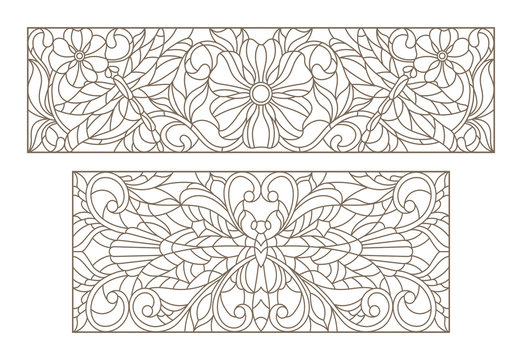 Set contour illustrations of stained glass with a dragonfly and flowers , black contour on white background