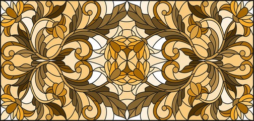 Illustration in stained glass style with abstract flowers, swirls and leaves  on a light background,horizontal orientation, sepia