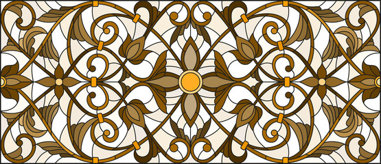 Illustration in stained glass style with abstract flowers, swirls and leaves  on a light background,horizontal orientation, sepia