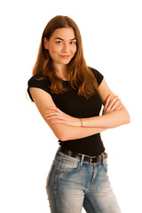 Fototapeta premium attractive young woman in jeans and black t shirt isolated over white background