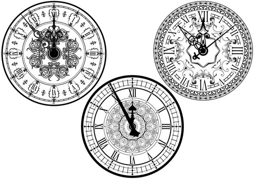 Clock Faces with Ornamental Decoration - Black and White Design Elements, Vector Illustration