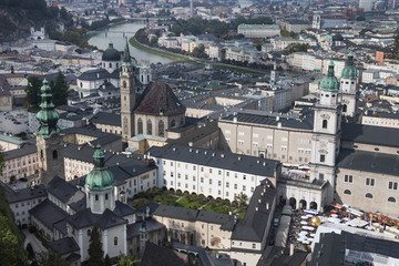 View of the old town from the Hohensalzburg castle during the St. Rupert's fair
