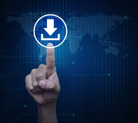 Hand pressing download icon over digital world map technology style, Business internet concept, Elements of this image furnished by NASA