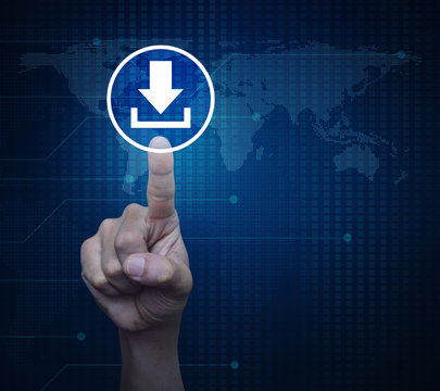 Hand pressing download icon over digital world map technology style, Business internet concept, Elements of this image furnished by NASA