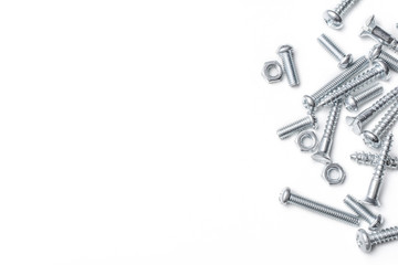 Collection Of Iron Screws And Bolts At The Right Edge Of A Whitebox
