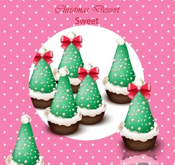 Christmas tree cupcakes Vector card. Retro dotted backgrounds