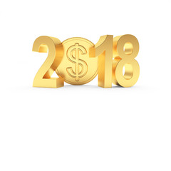 Golden 2018 New Year and coin with dollar sign on white background. 3D illustration