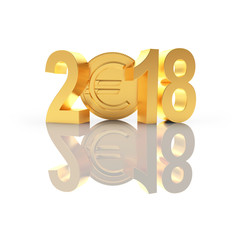 Golden 2018 New Year and coin EURO sign with reflection on white background. 3D illustration