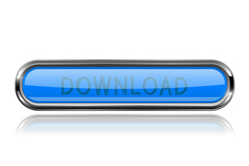 Long blue DOWNLOAD button with bold chrome frame. 3d shiny icon