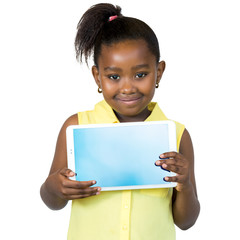 Cute african girl showing blank tablet screen.