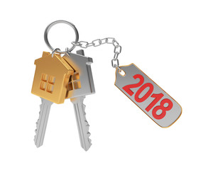 Golden and silver keys-house and text 2018 on label isolated on a white background. 3D illustration