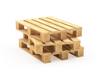 Wooden pallets stacked isolated on a white background. 3D illustration