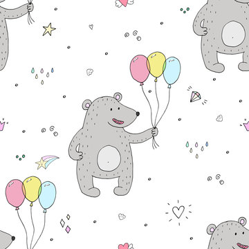 Cute seamless pattern with funny teddy bear. vector illustration