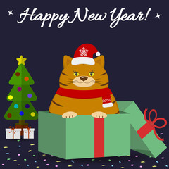 Postcard with a cute red cat in a Santa hat and scarf, sits in a gift box with confetti, next to a Christmas tree on a dark background.